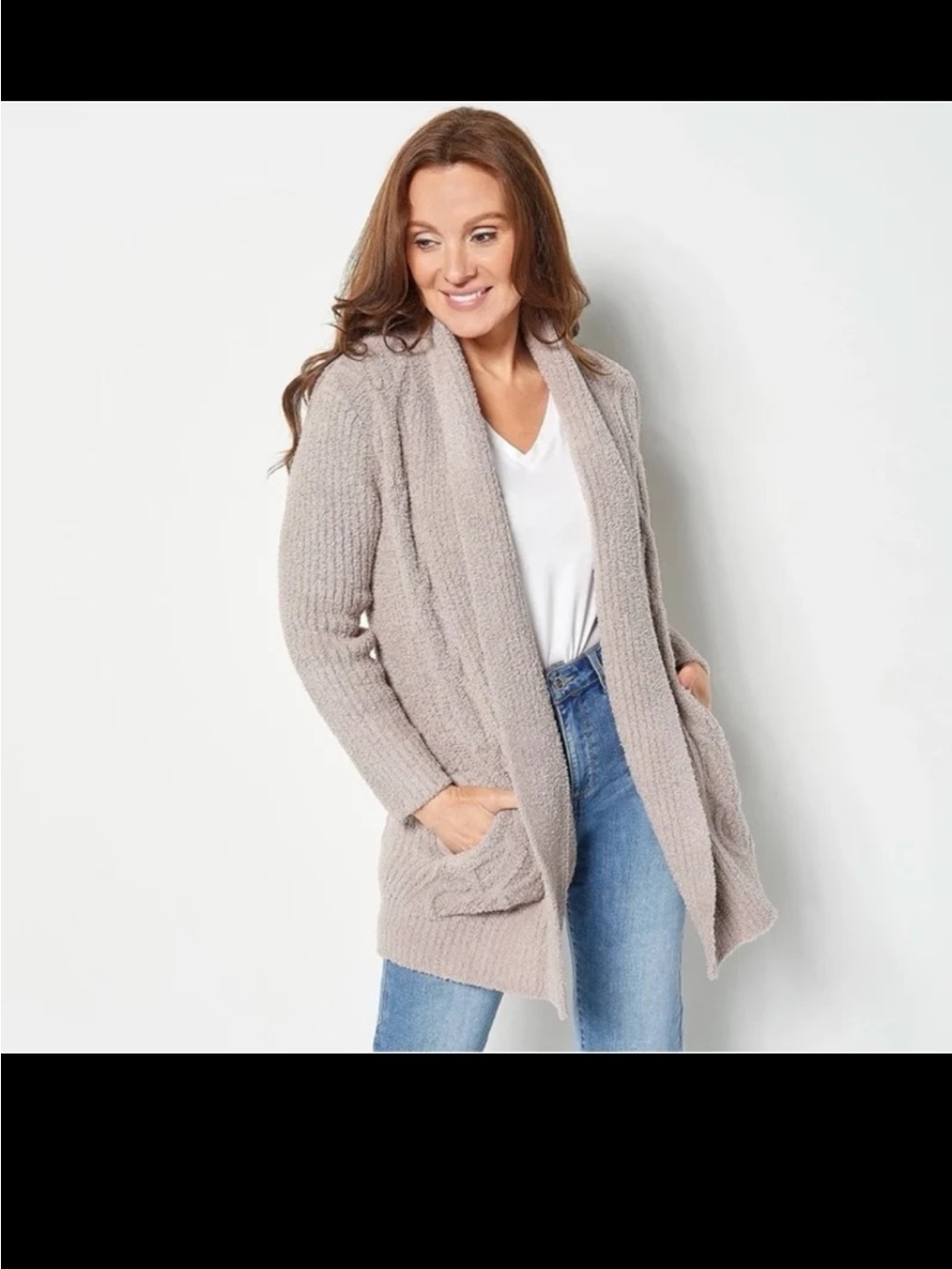 Barefoot Dreams CozyChic Cable Knit Cardigan Jacket Open Front Taupe Medium